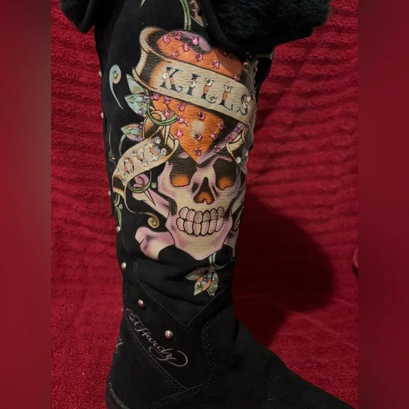 Ed Hardy Skull & “Kills” Heart Faux Fur Suede Tall Boots | Women’s US 6 - Picture 6 of 10